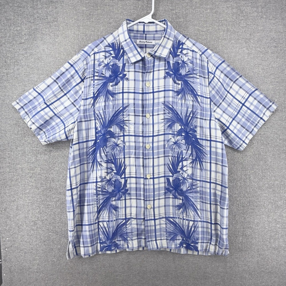 Tommy Bahama Hawaiian Shirt Men Large Blue Plaid Floral Short Sleeve Silk Linen